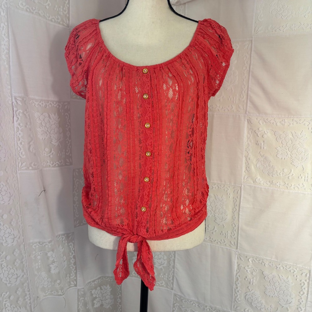 Coral Pink Lace Boho Cottagecore Blouse Size M